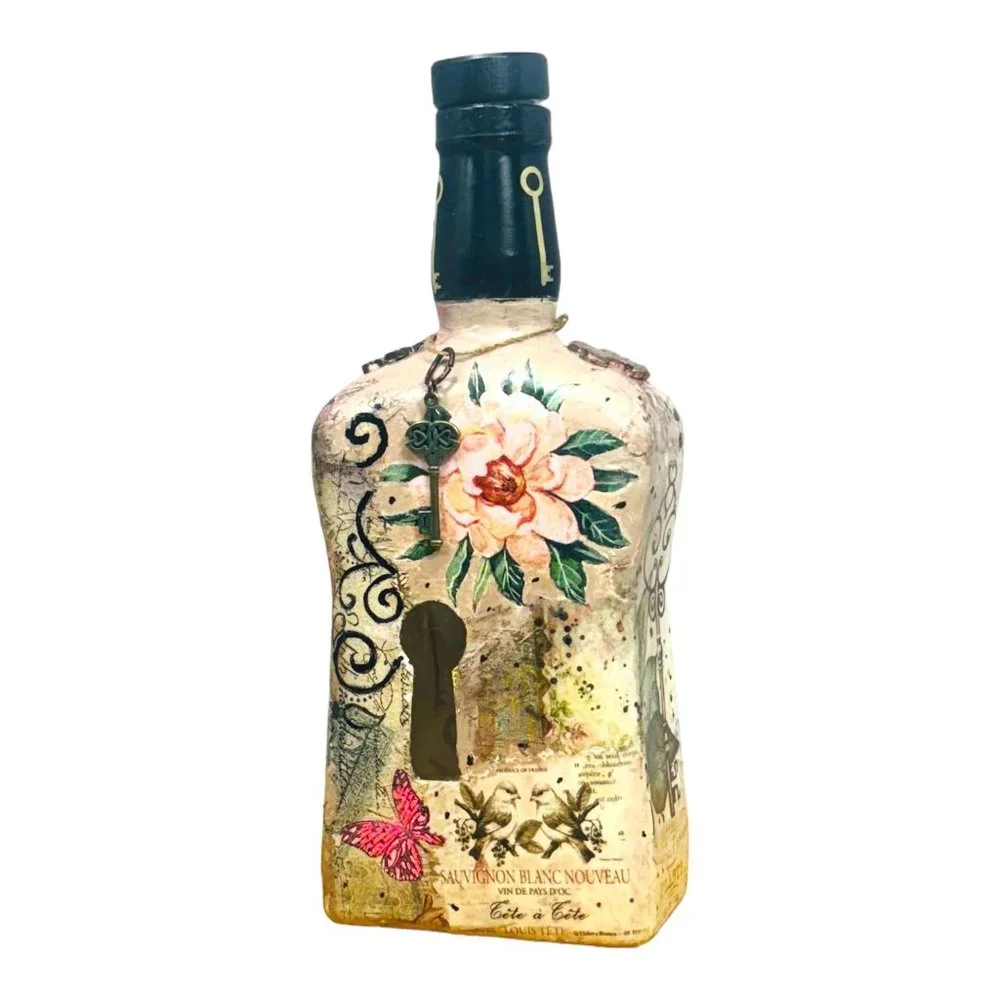 Up cycled Decanter Bottle Mixed Media Peep Keyhole Clay Hand Painted Butterfly - Picture 4 of 16